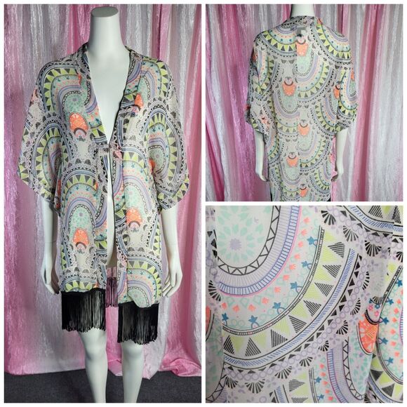 Steve Madden Fringe Aztec Sheer Kimono Beach Cover Up One Size - Picture 1 of 11